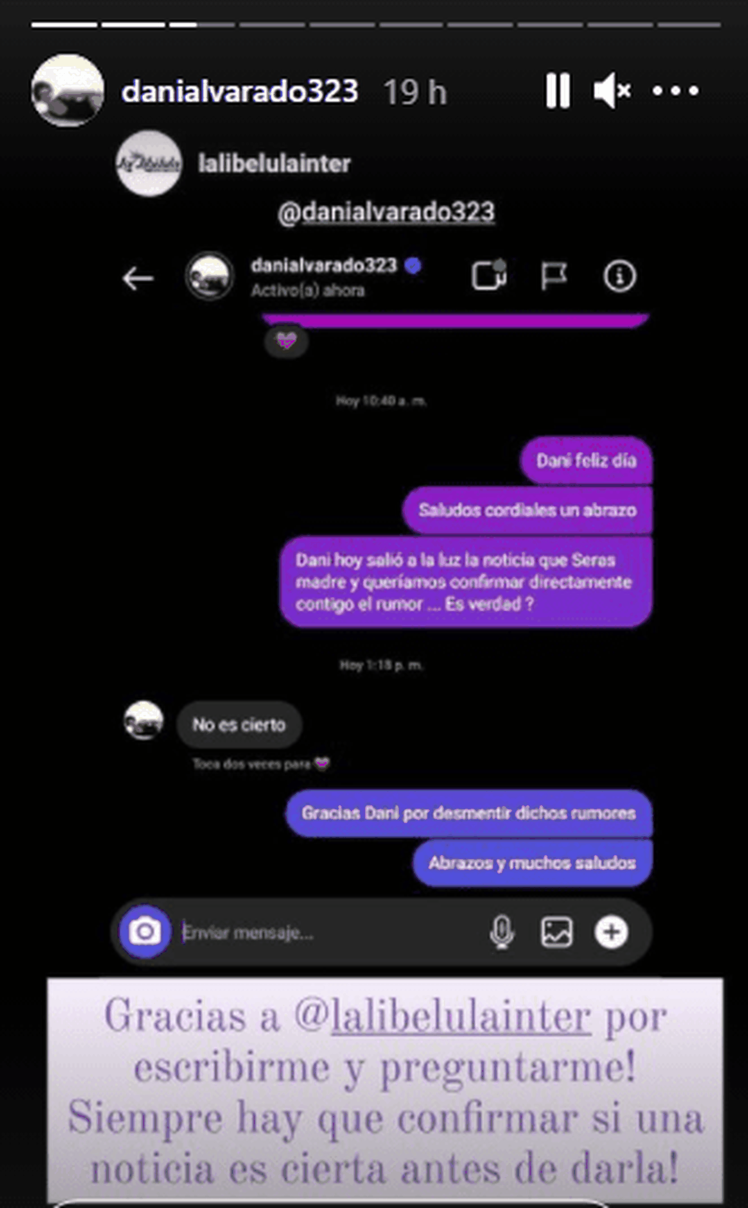 Daniela Alvarado compartió su respuesta. Foto Instagram