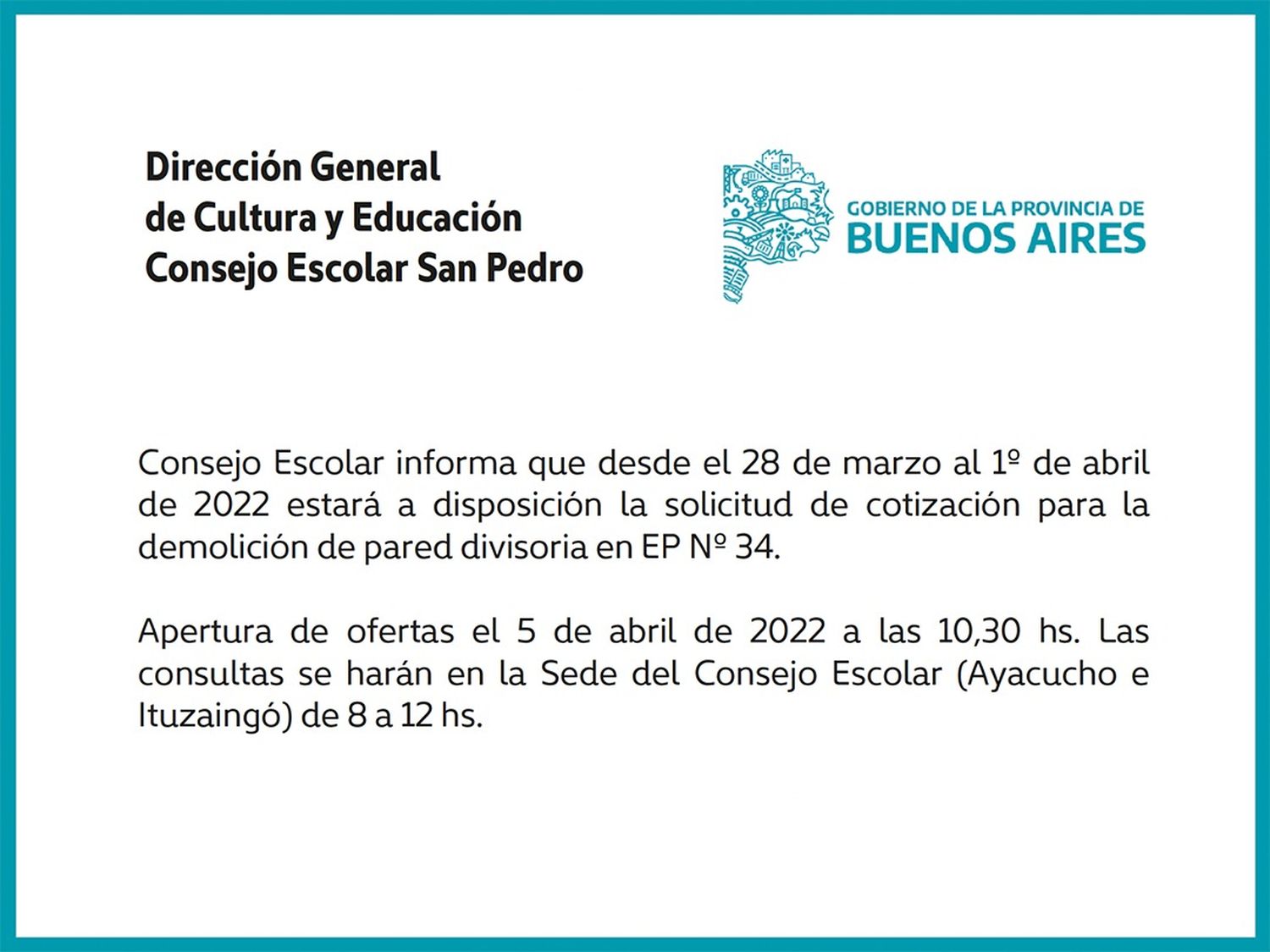 [Publicación Oficial] Informe Consejo Escolar: Solicitud de cotización para demolición de pared en EP N° 34
