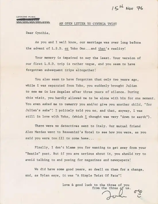 Subastan carta de John Lennon donde habla de drogas, reproches y Yoko Ono