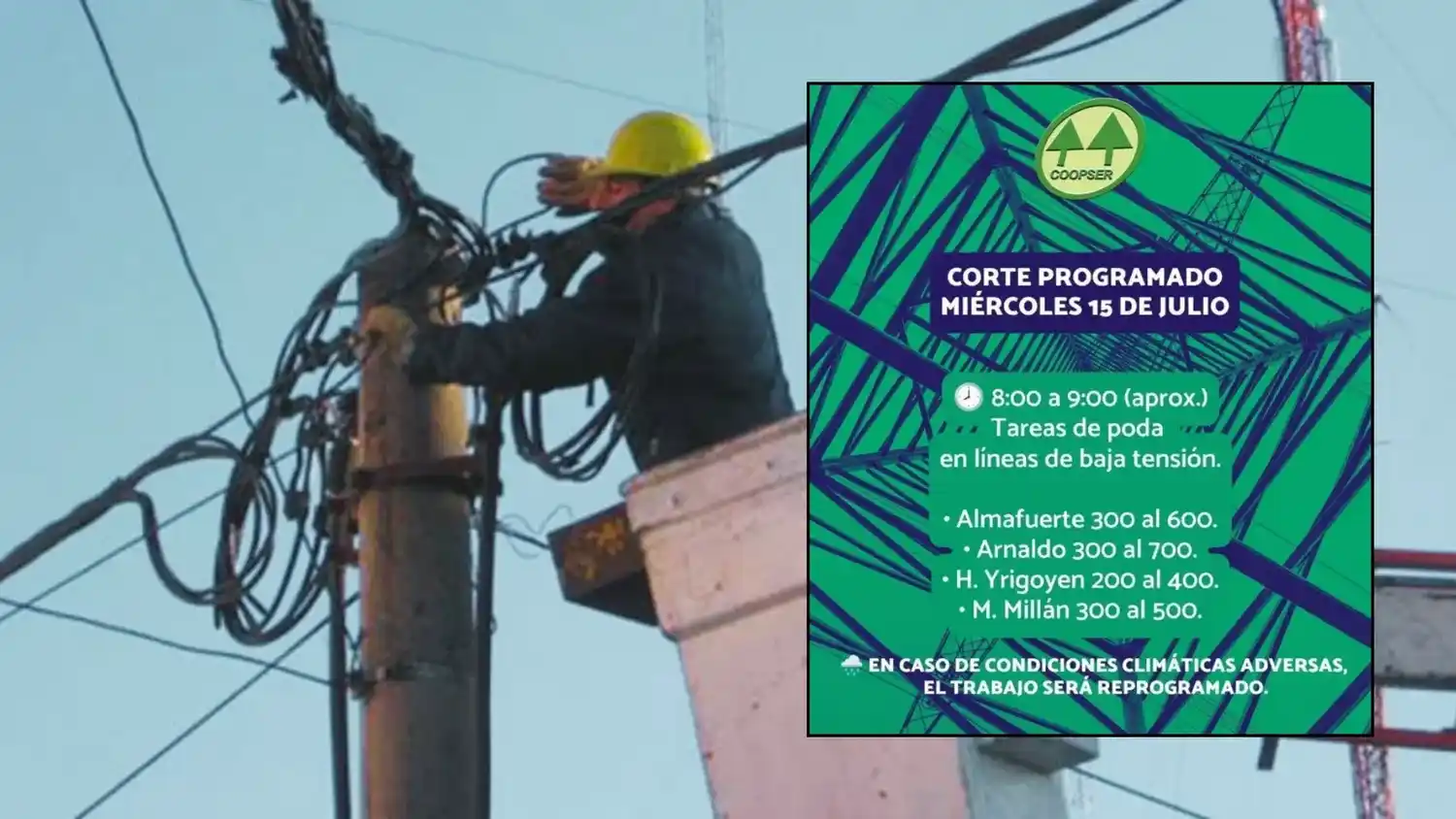 La CoopSer volverá a realizar un corte programado de energía en la mañana de este miércoles.