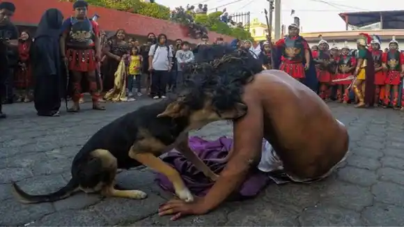 ¡ES VIRAL! Perrito conmueve a los feligreses por consolar a un actor que representaba la Pasión de Cristo