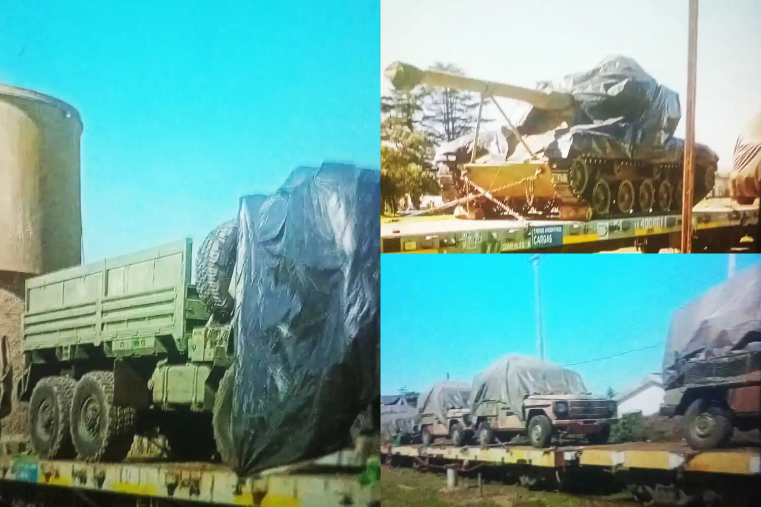 Vecinos de Santa Lucía fotografiaron el paso del convoy con los vehículos de guerra.