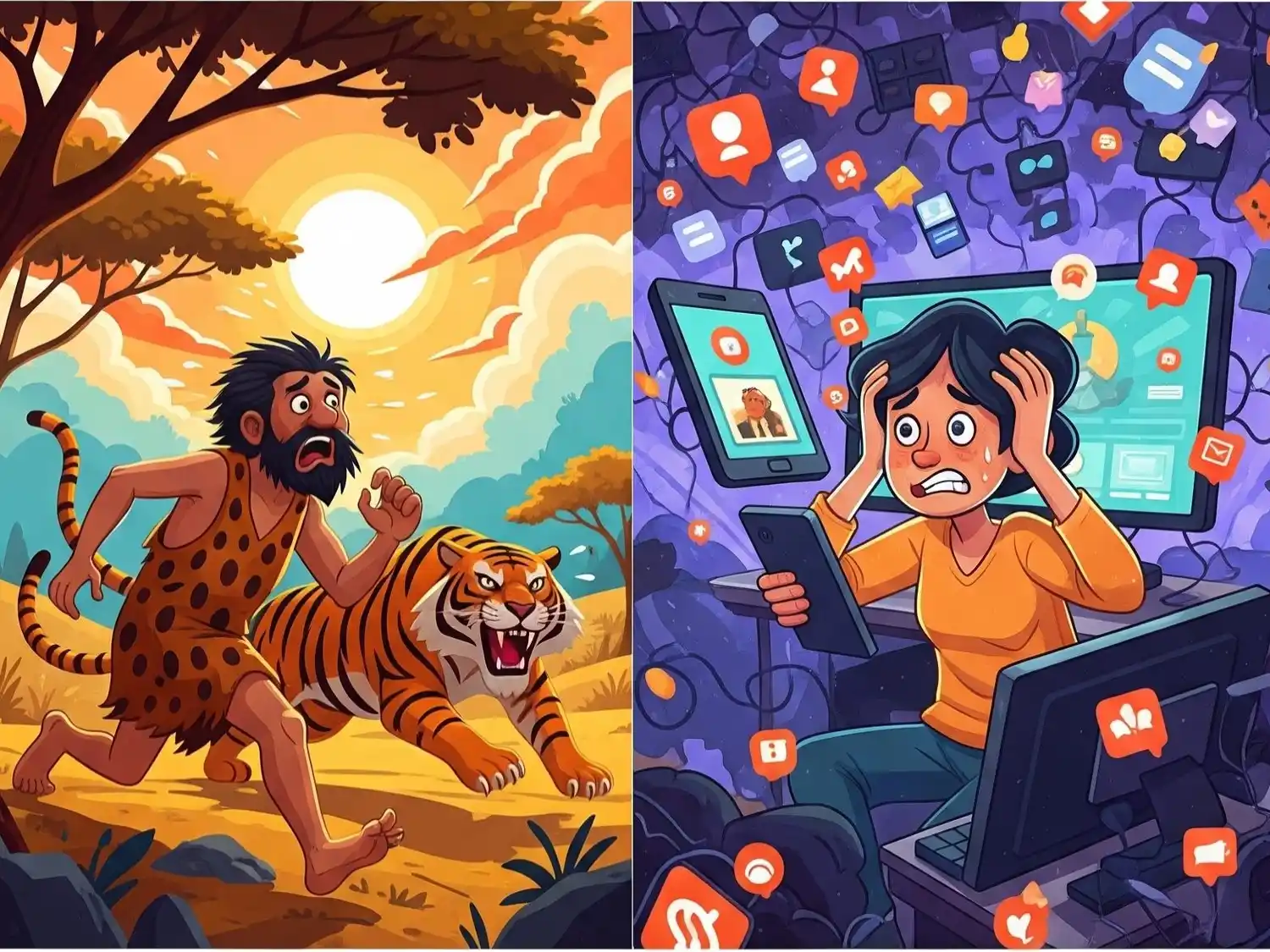 Del tigre al WhatsApp: el mismo mecanismo ancestral de alerta, hoy activado por notificaciones y correos sin pausa.