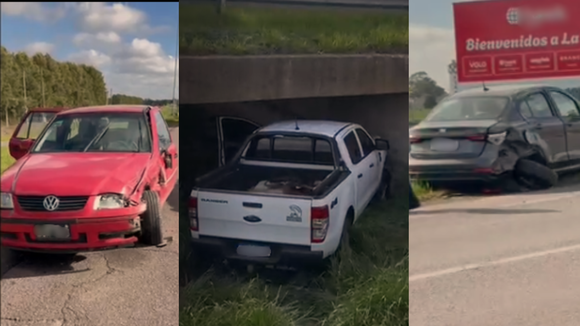 Choque múltiple en la Ruta 2: una camioneta cayó al pluvial y dos autos colisionaron al frenar