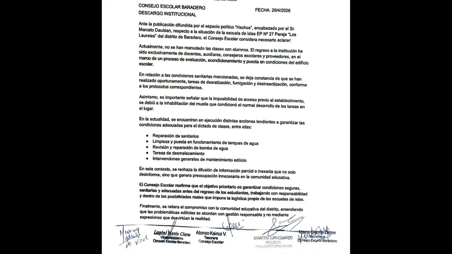 Escuela Los Laureles comunicado Consejo Escolar