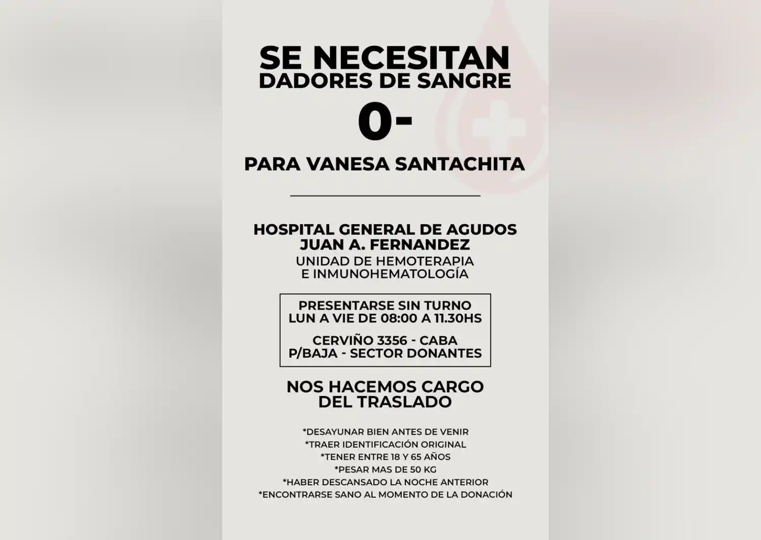 Necesitan dadores de sangre 0- para Vanesa