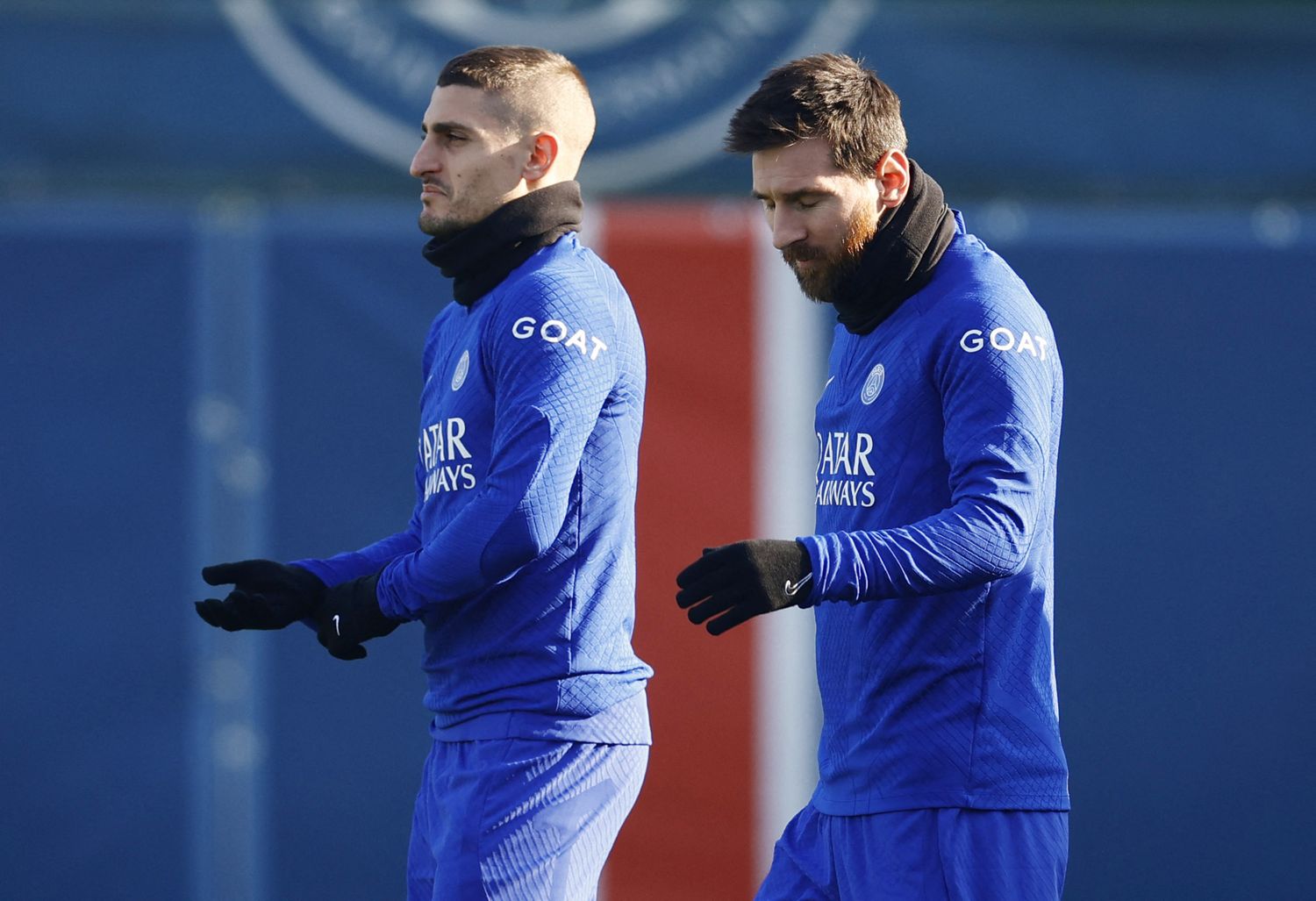 Messi y el italiano Verratti en la práctica de ayer de PSG.