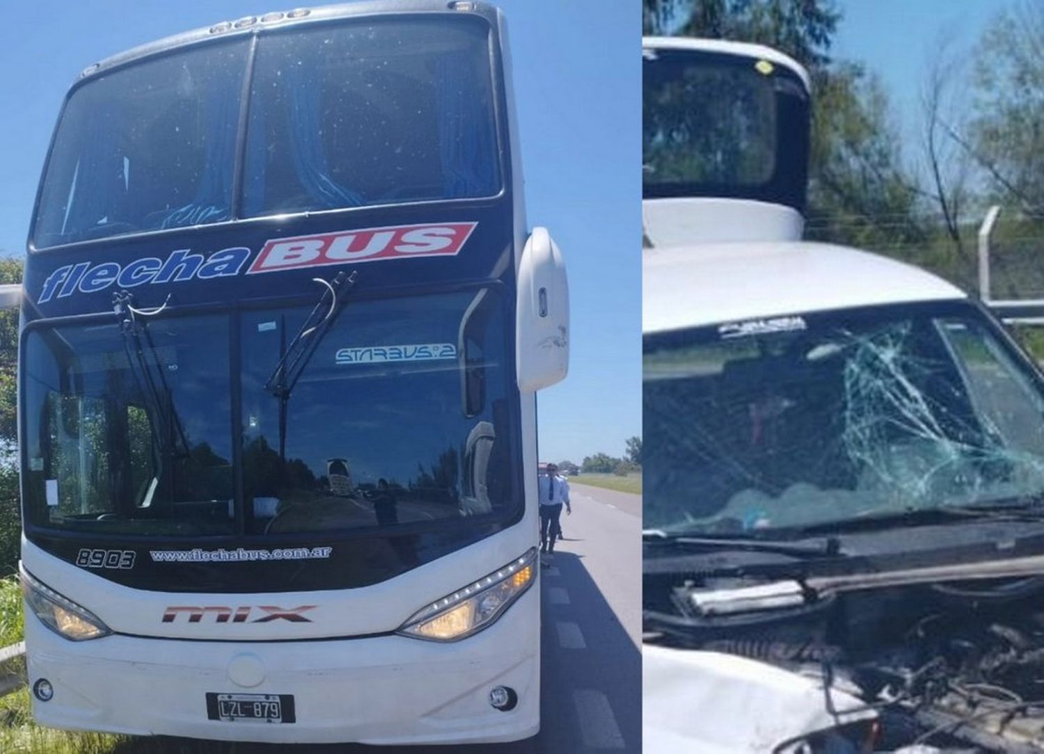 Violento choque entre un auto y un micro de Flecha Bus