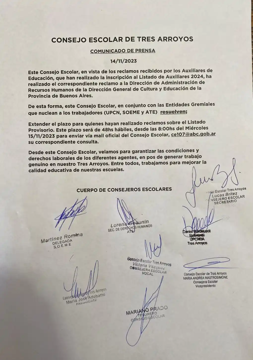 Listado de Auxiliares 2024: el Consejo Escolar emitió un comunicado