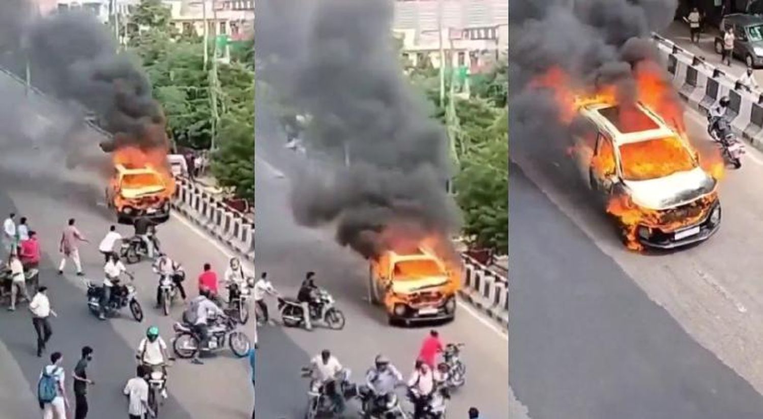 Impactante video: un auto en llamas se deslizó por una pendiente hacia una multitud y causó pánico en India