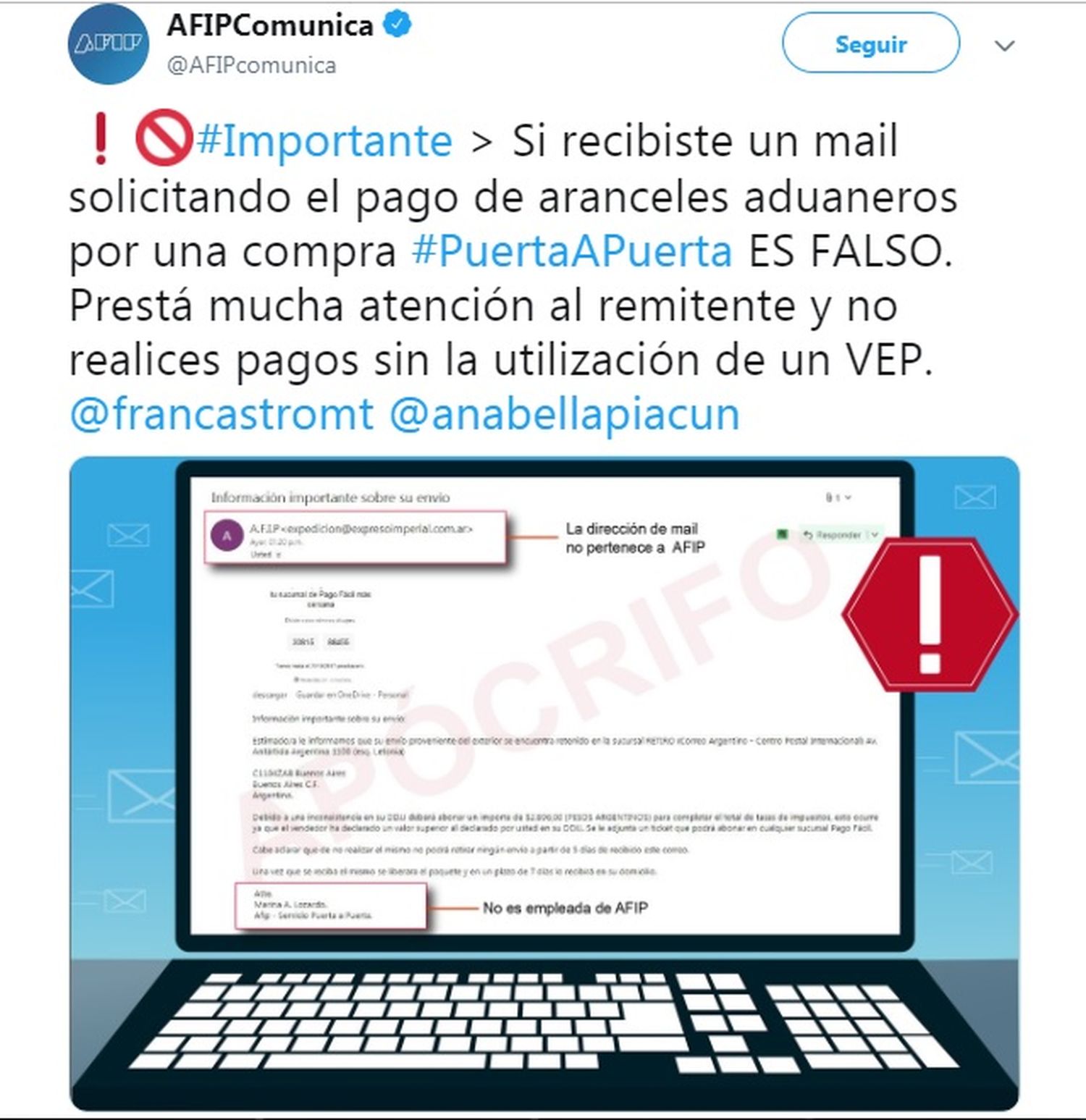 Alertan sobre correos electrónicos de Afip que pretenden estafar a la gente