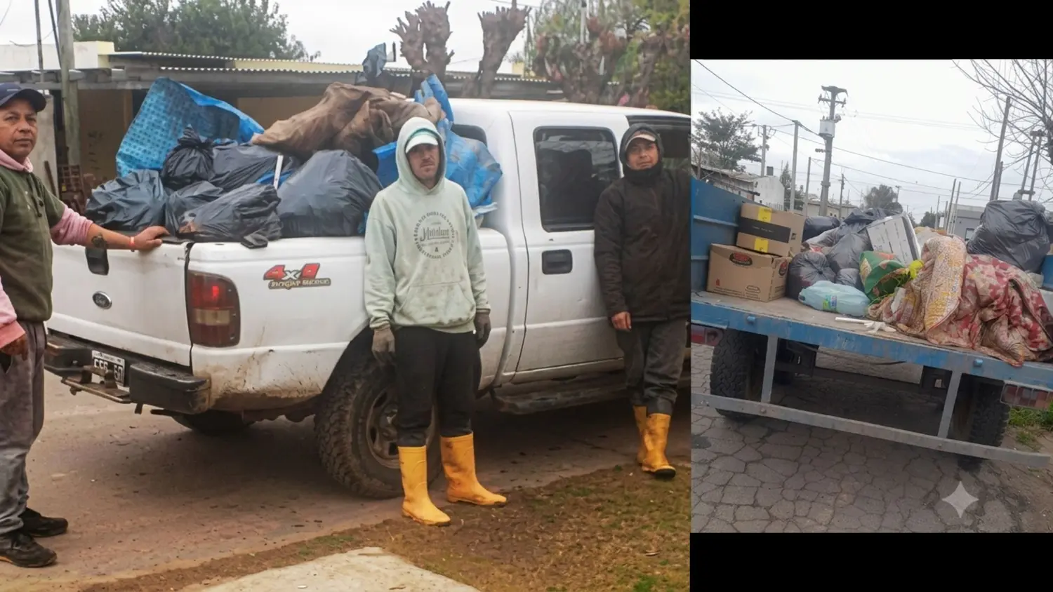 A la izquierda, los jóvenes que recogieron la basura en Los Aromitos. A la derecha, el acoplado de los vecinos del barrio UPCN.