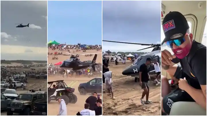 El helicóptero con el cantante Perro Primo llega a la playa “La Olla” en Pinamar.