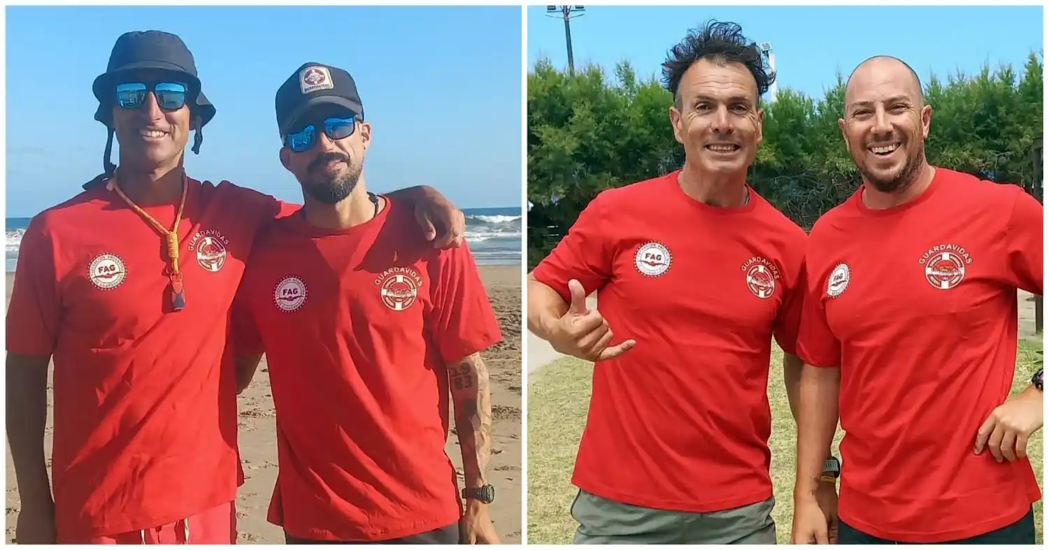 Los guardavidas posando con sus remeras