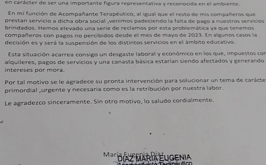 Piden a Salazar que interceda por pagos de Osprera a acompañantes terapéuticos