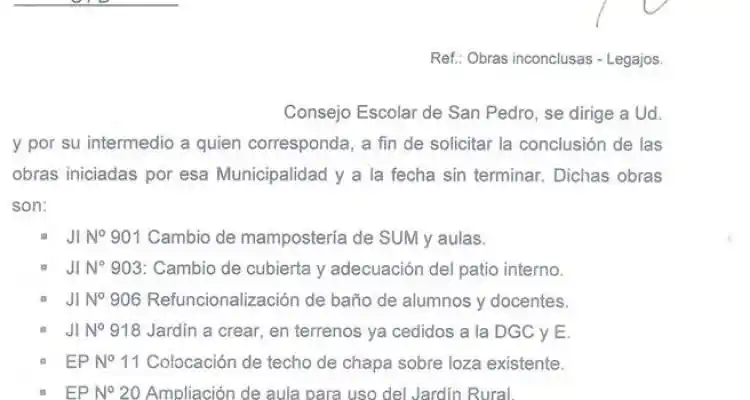 Consejo Escolar elevó nota al Intendente por “obras inconclusas comprometidas y aún no finalizadas”