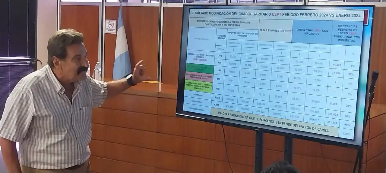 Corradini explica sobre la pantalla la suba de los precios de febrero respecto de enero.
