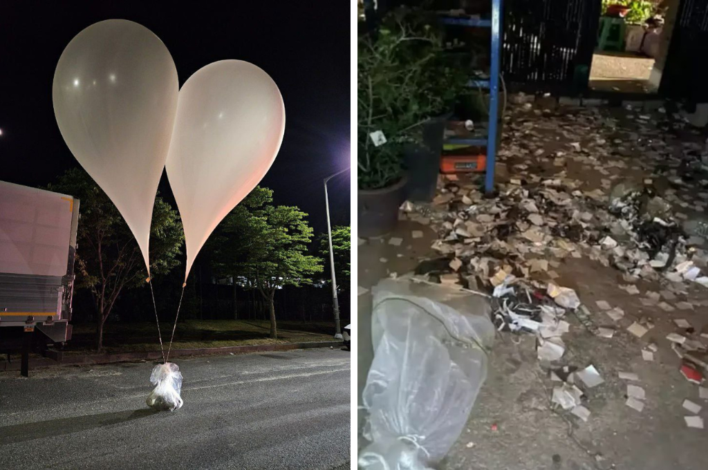 Globos con basura en una calle de la provincia de Chungnam, Corea del Sur
