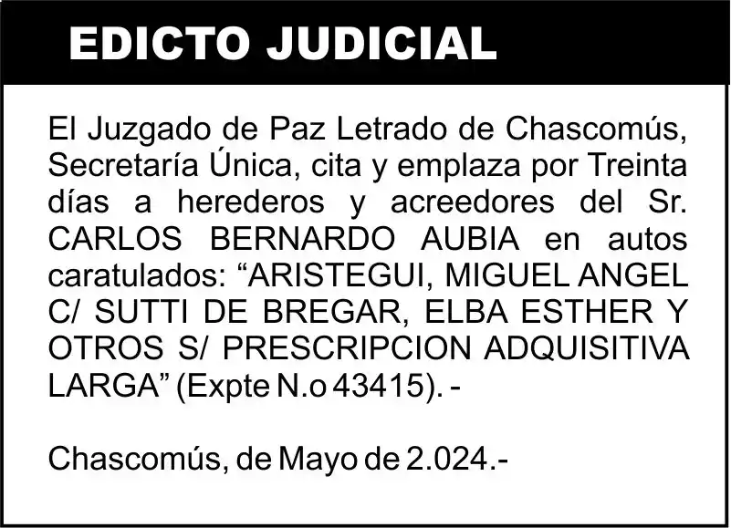 “ARISTEGUI, MIGUEL ANGEL C/ SUTTI DE BREGAR, ELBA ESTHER Y OTROS S/ PRESCRIPCION ADQUISITIVA LARGA”