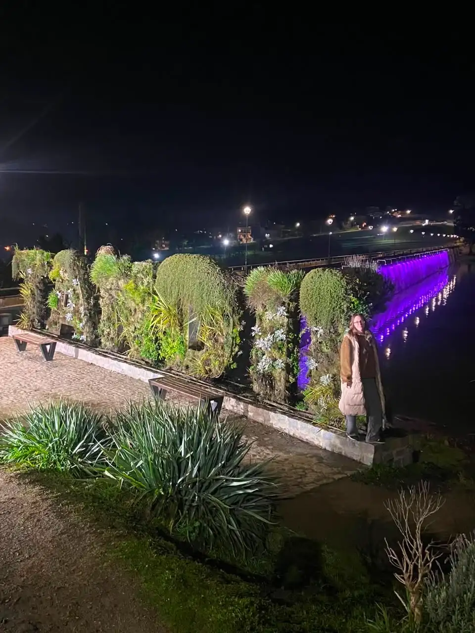 Cecilia Favier junto al Murallón iluminado por la Semana de la Lactancia.