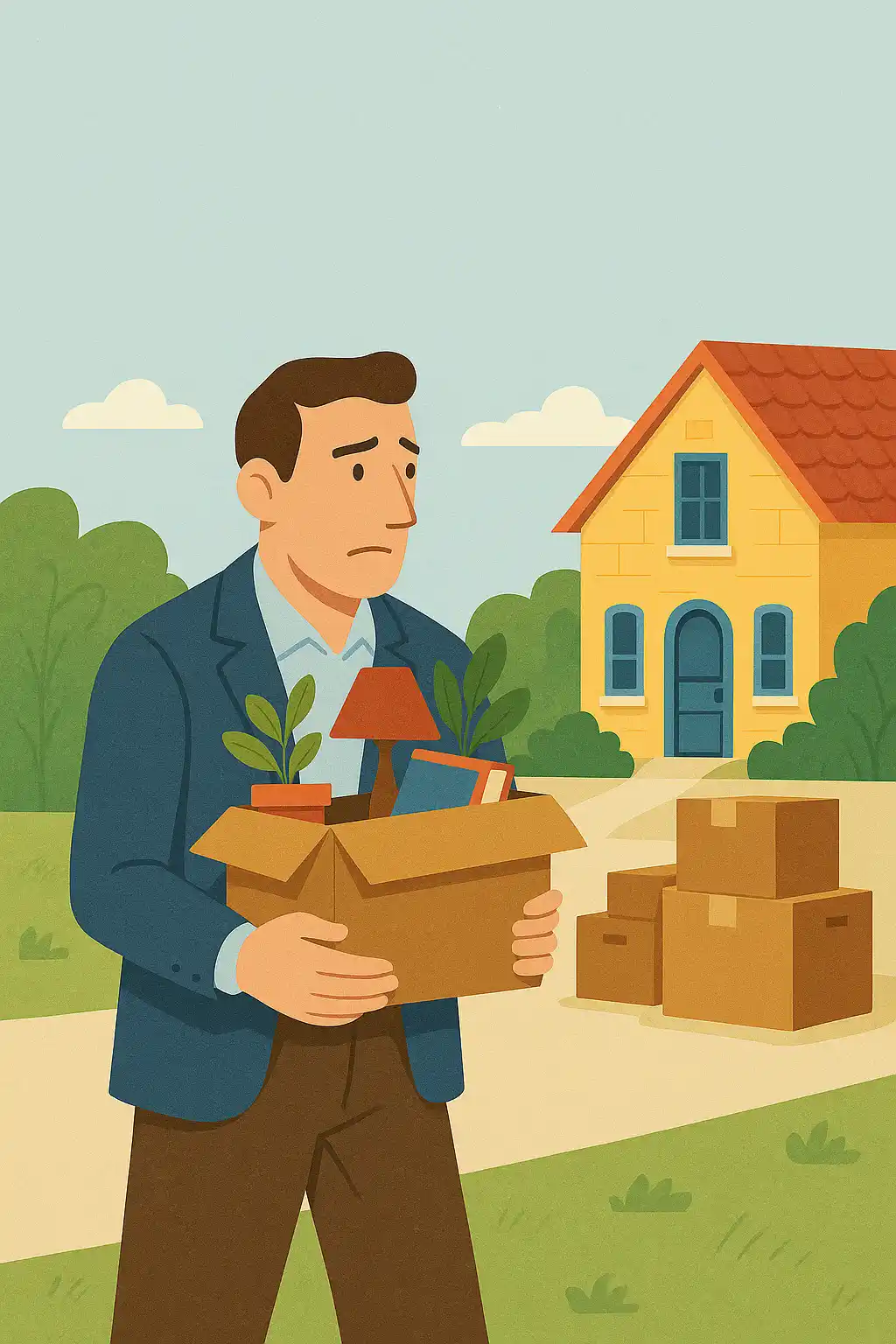 Un hombre sostiene una caja de mudanza frente a su nuevo hogar, en un momento de tránsito cargado de nostalgia y reinvención.