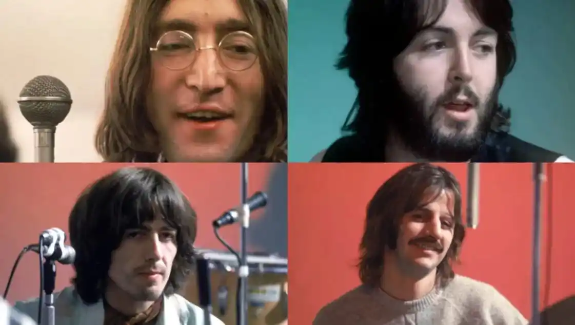 John Lennon, Paul McCartney, George Harrison y Ringo Starr, en la grabación de "Let It Be".
