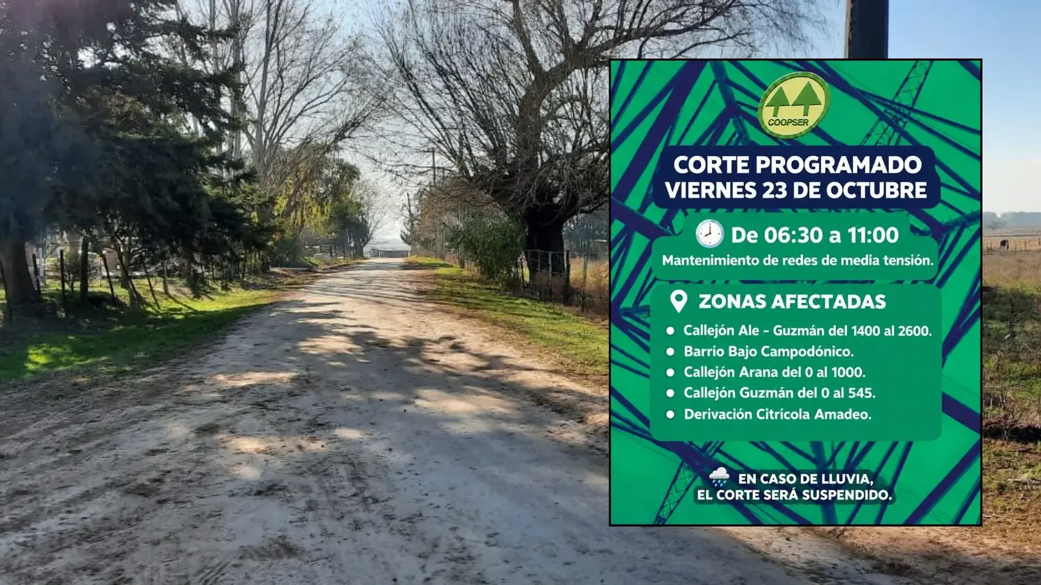 La Coopser informó un corte de energía en la zona del Bajo Campodónico para este viernes 23 de octubre.