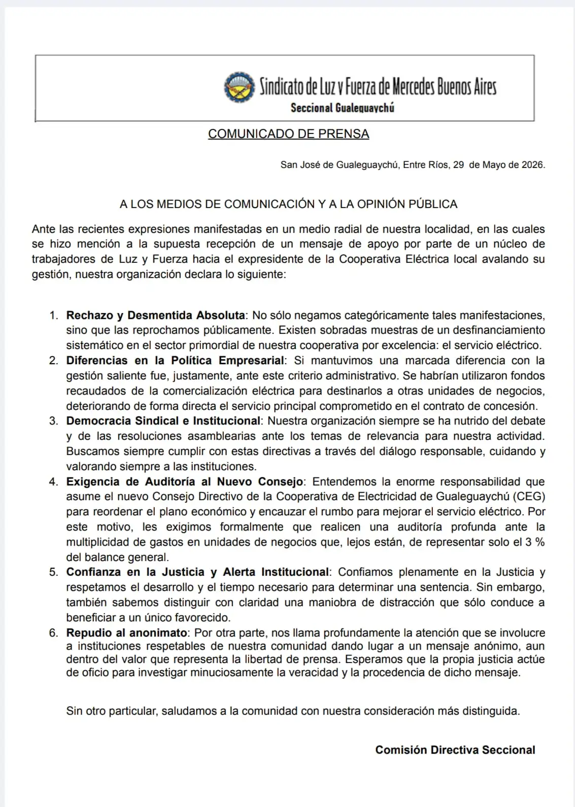 comunicado luz y fuerza
