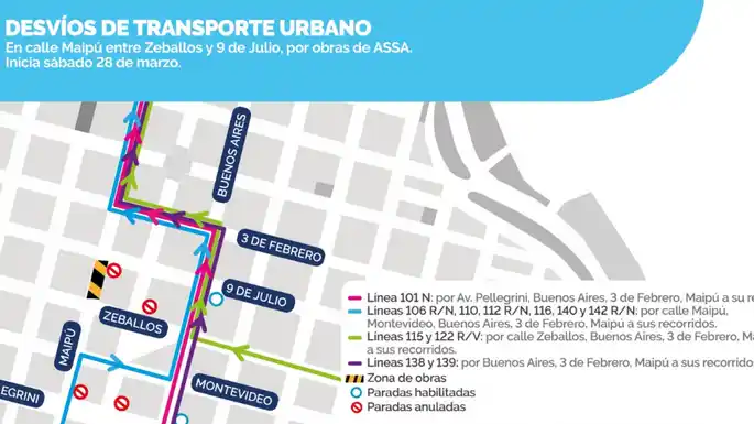 Habrá desvíos en los recorridos de múltiples colectivos por trabajos en calle Maipú al 1400