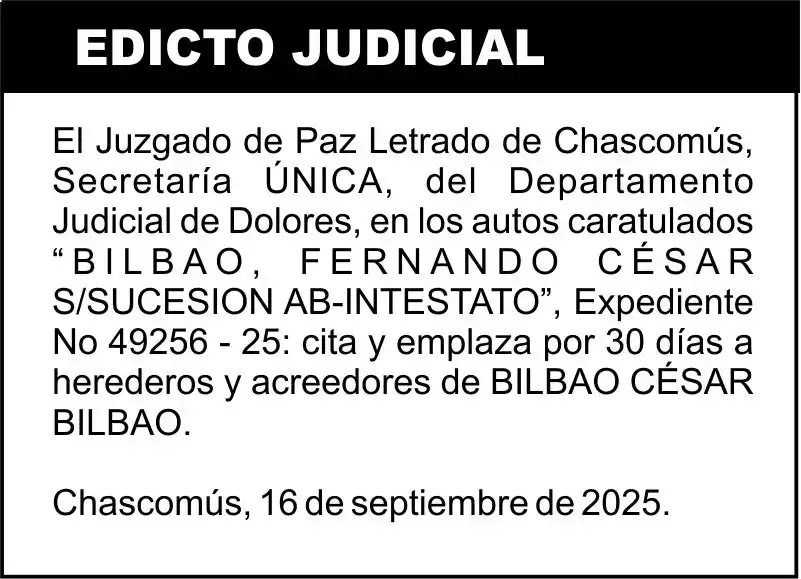 BILBAO, FERNANDO CÉSAR S/SUCESION AB-INTESTATO