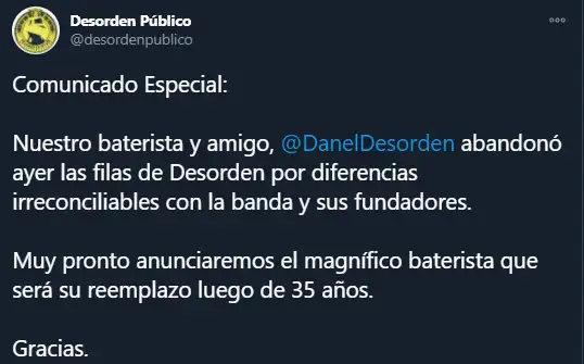 El mensaje de Desorden Público para jugarle una broma a sus fanáticos. Foto: Twitter
