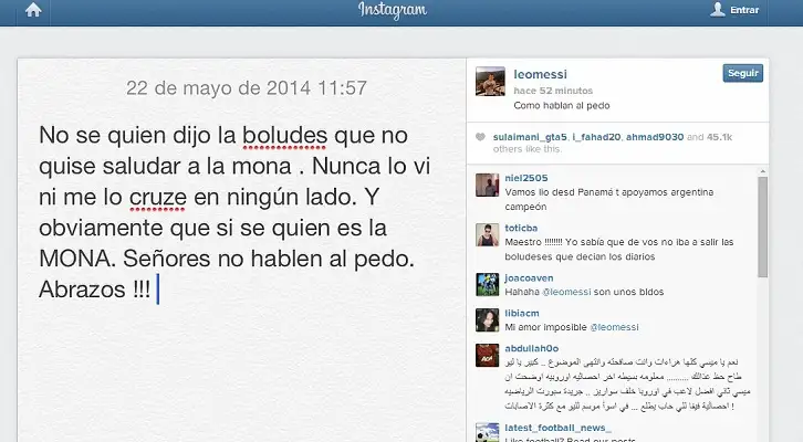 Messi enojado: "No se quien dijo la boludez que no quise saludar a La Mona"  