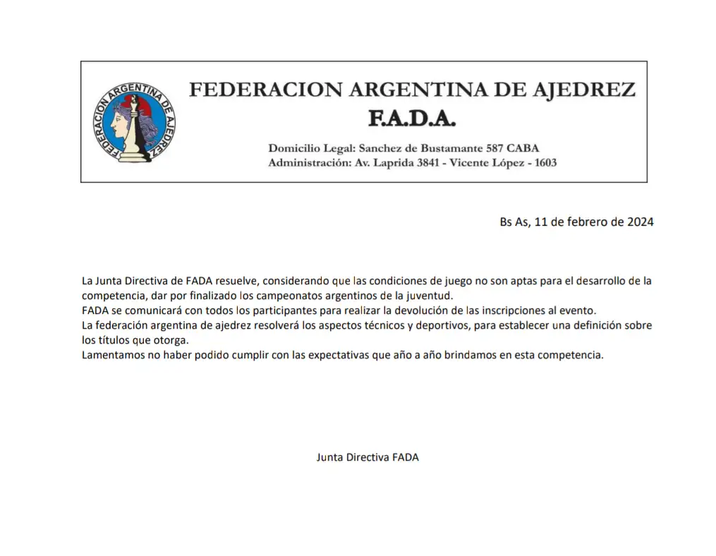 Comunicado FADA - Federación Argentina de Ajedrez