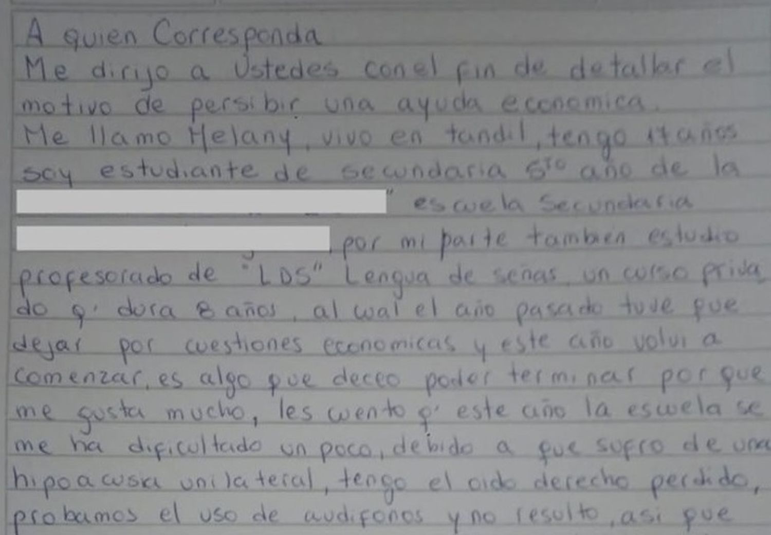 Buscan quien pueda apadrinar a Melany, una adolescente de 17 años que sufre hipoacusia y necesita ayuda para terminar sus estudios