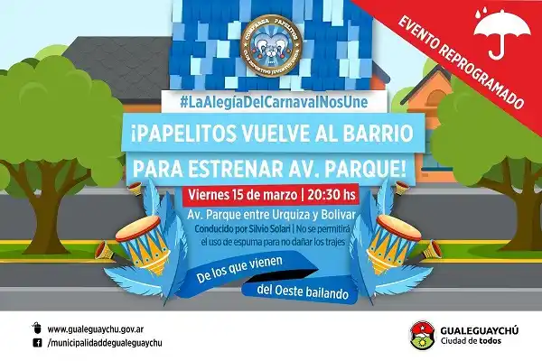 Por el pronóstico, se reprogramó el desfile de Papelitos para inaugurar Avenida Parque