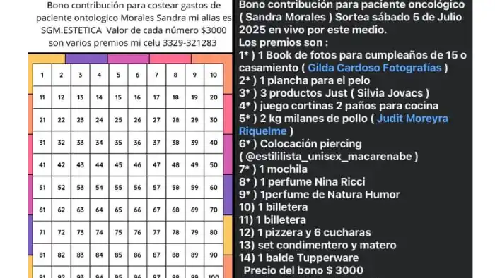 Sandra Gabriela Morales, de 50 años, fue diagnosticada hace un mes con cáncer de mama en estado avanzado. Sus allegados impulEl sorteo se realizará el 5 de julio a través de redes sociales, con múltiples premios en juego.