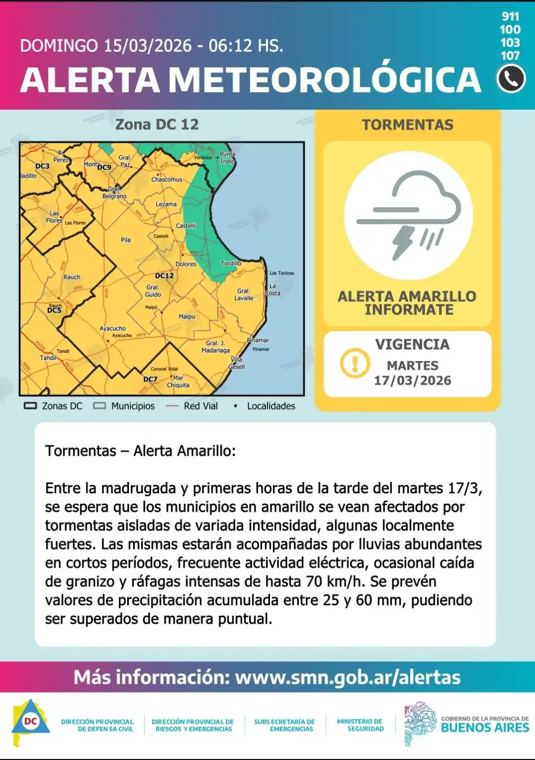 Alerta amarillo: rigen advertencias por tormentas fuertes para este lunes y martes en Chascomús