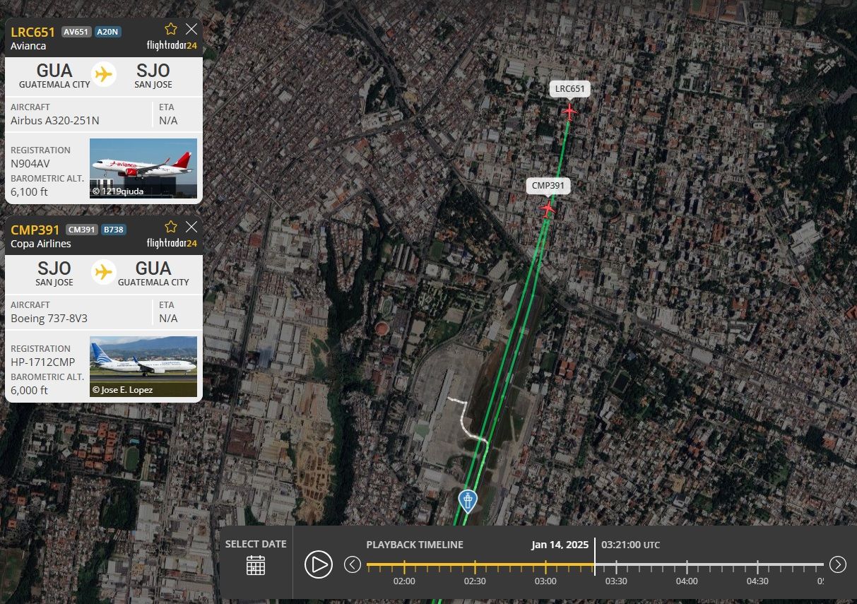La magen de Flight Radar muestra como casi colisionan dos aviones en Guatemala.