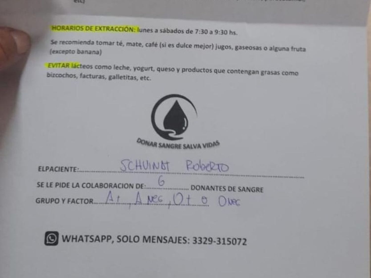 Necesitan dadores de sangre A+, A-, 0+ o 0- para Roberto Schvindt