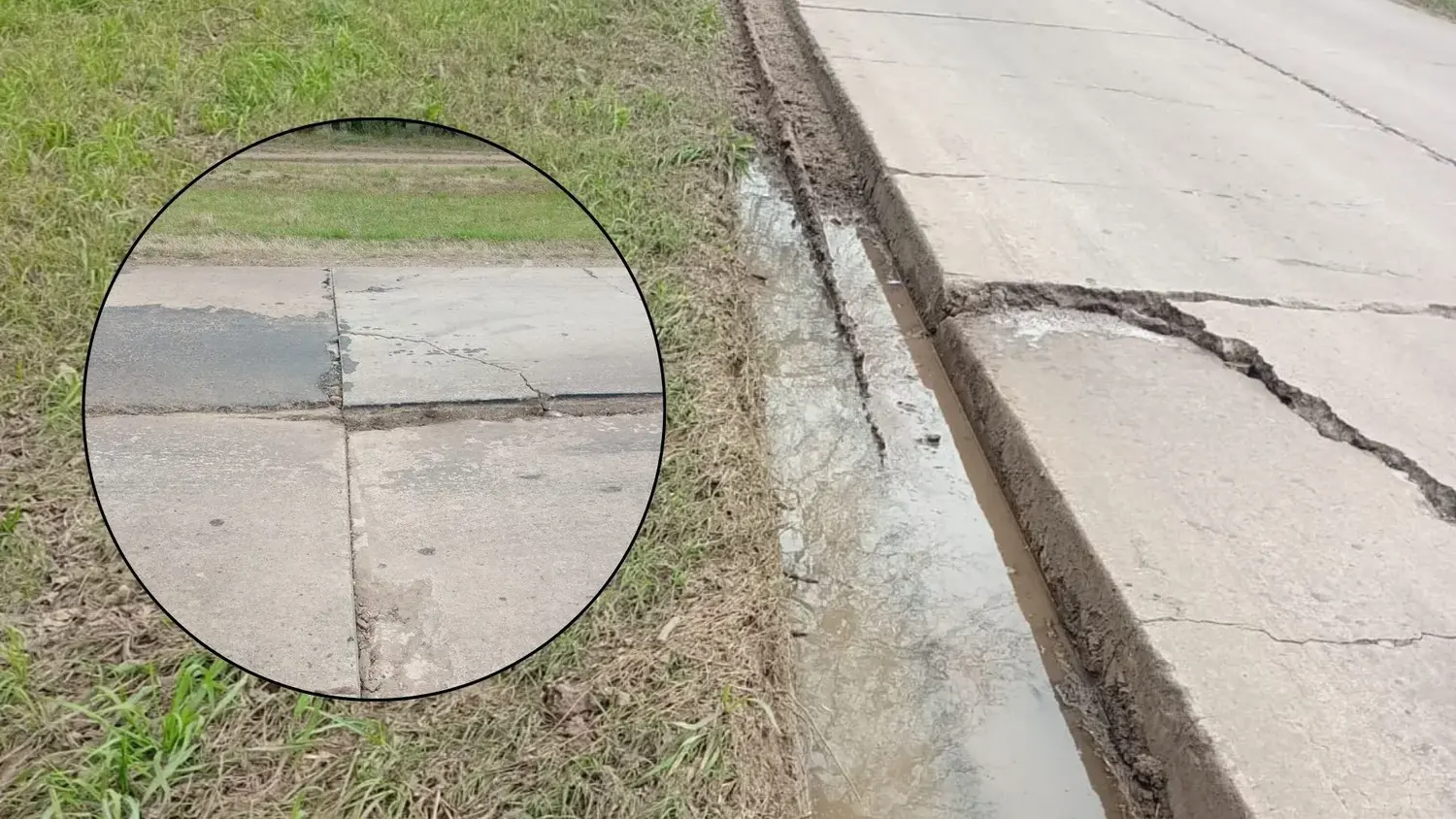 Dos imágenes del estado del pavimento de la Ruta 191: huellas profundas en la banquina y placas de hormigón hundidas.