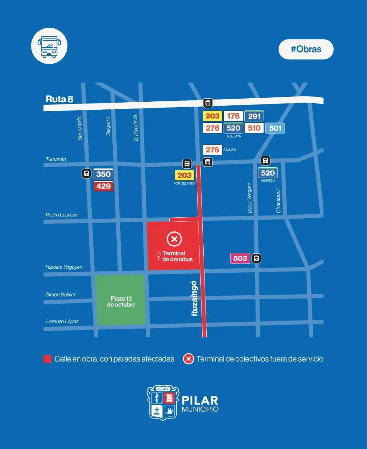 Mapa de paradas provisorias en Pilar Centro