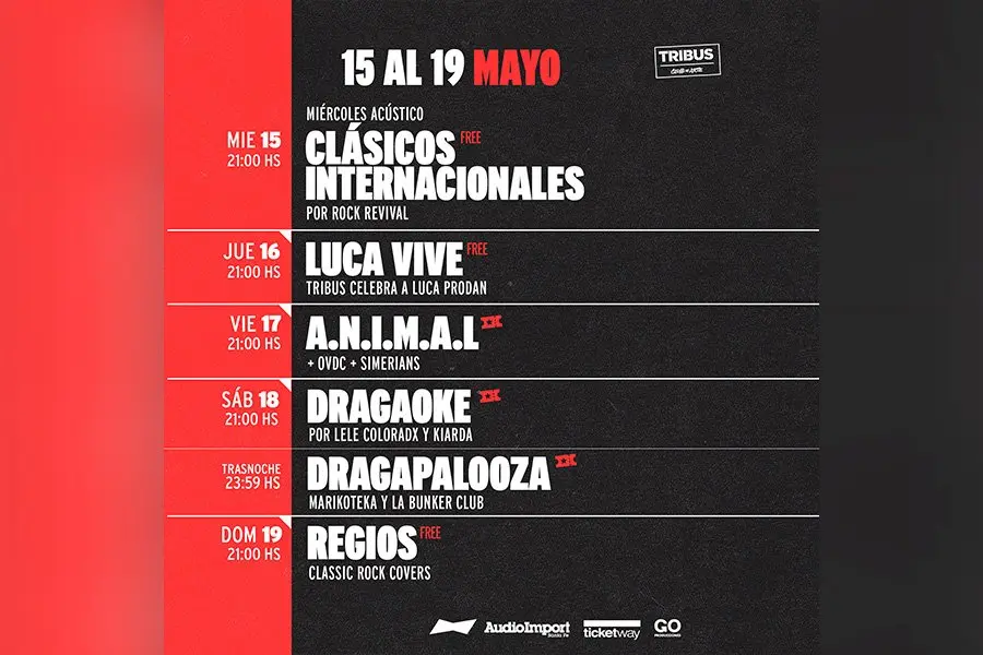 Agenda semanal Tribus Club de Arte: a full con los shows desde el miércoles 15 hasta el domingo 19 de Mayo