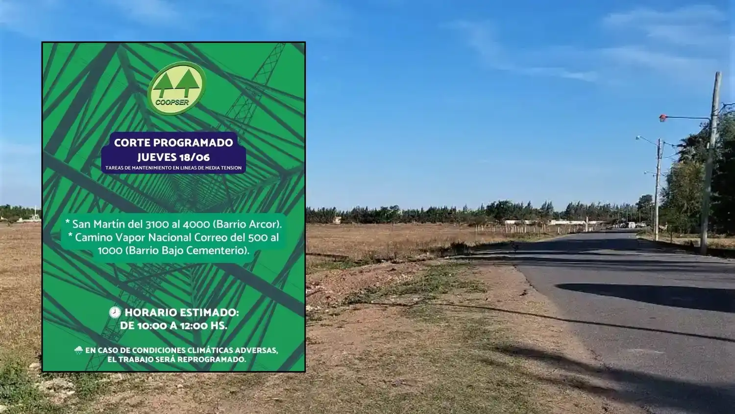 El corte programado por la Cooperativa Eléctrica alcanzará los barrios Arcor y Bajo Cementerio.