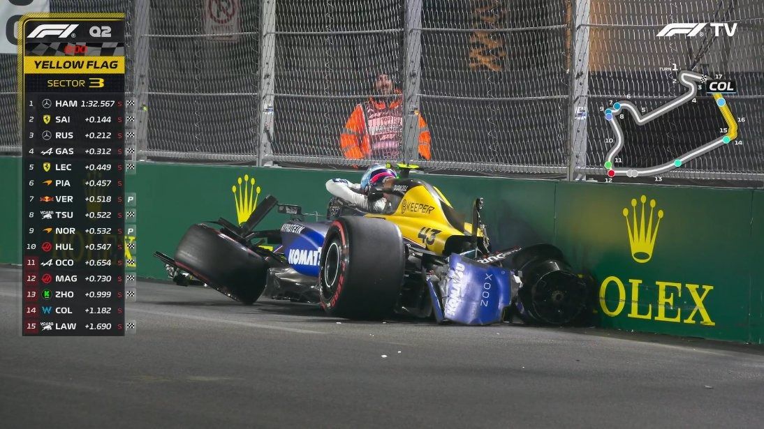 El auto de Colapinto al momento del choque en el GP de Las Vegas.