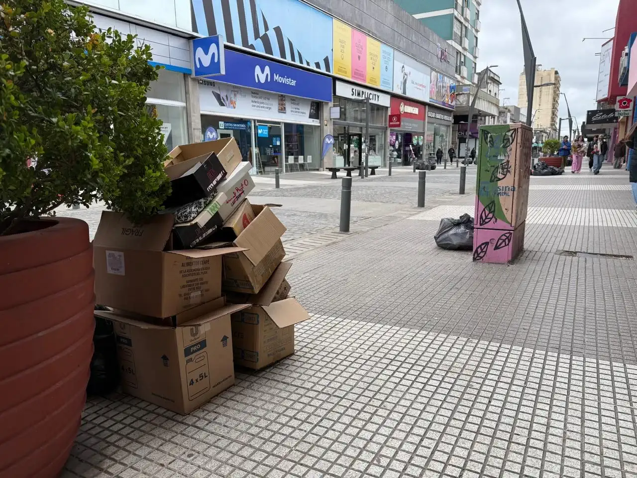 Fotografía de cartones en el centro de Tandil. Recolección diferenciada de residuos.