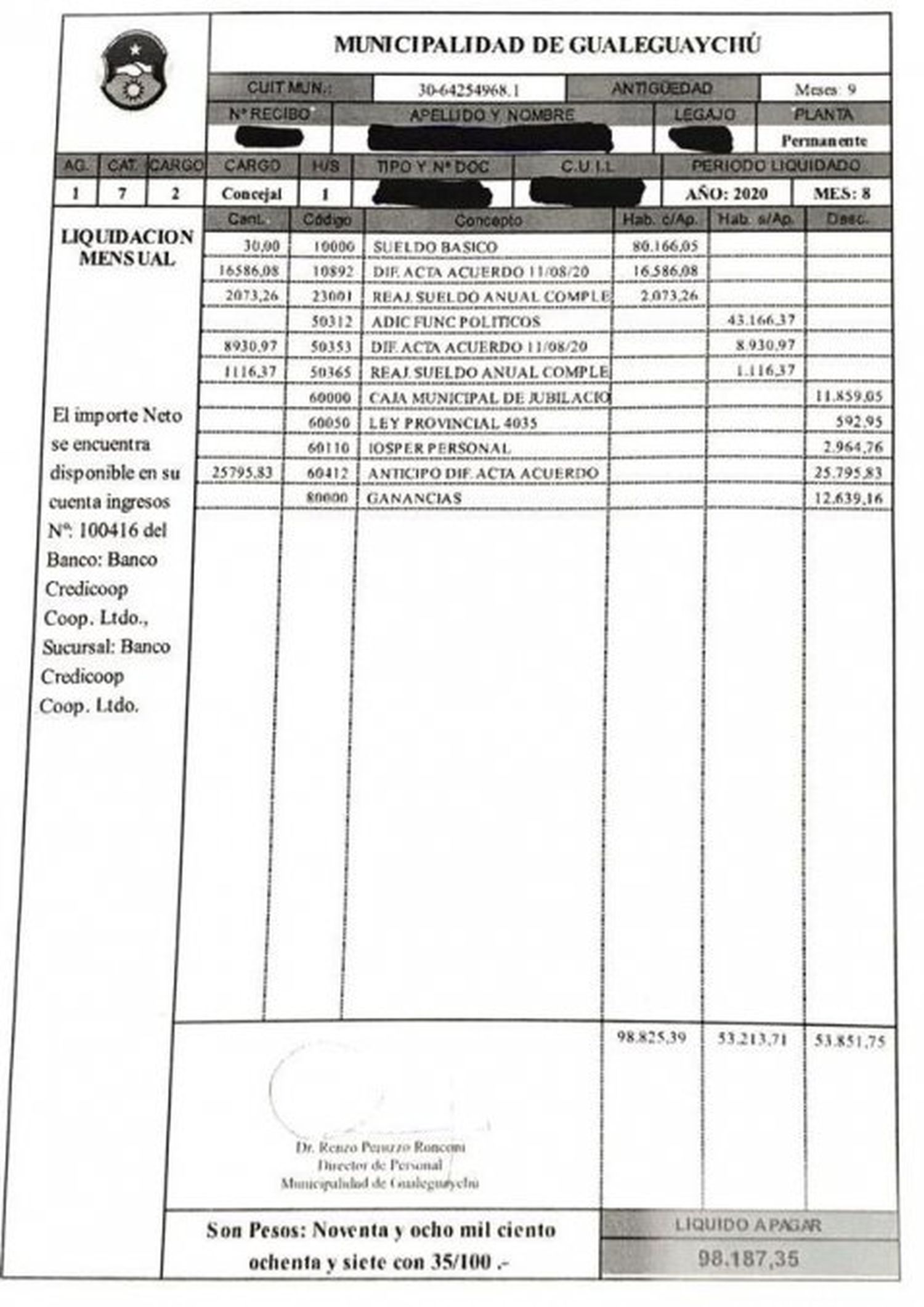 El recibo de agosto muestra un aumento del 16% y lleva el sueldo a 98 mil pesos