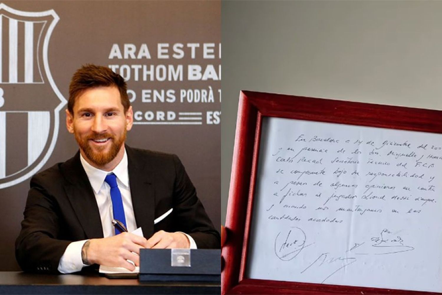 Subastaron la servilleta del primer contrato de Lionel Messi con Barcelona