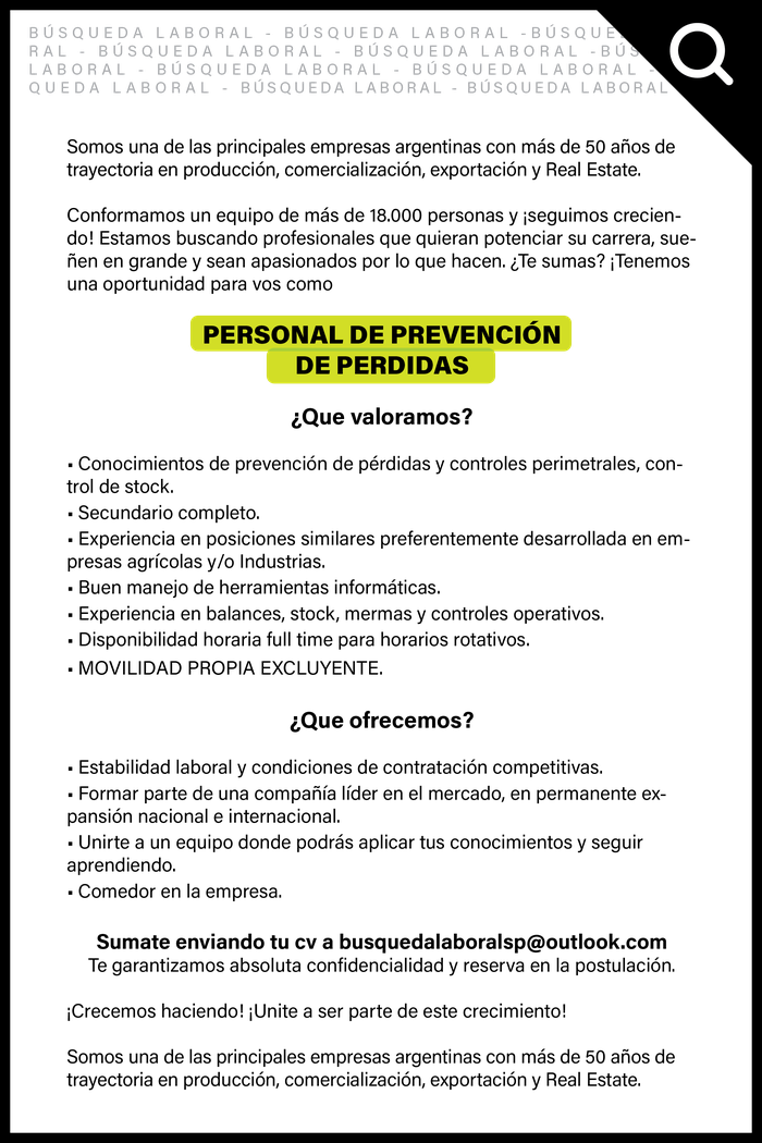 BUSQUEDA DE EMPLEO - PERSONAL DE PREVENCION DE PERDIDAS