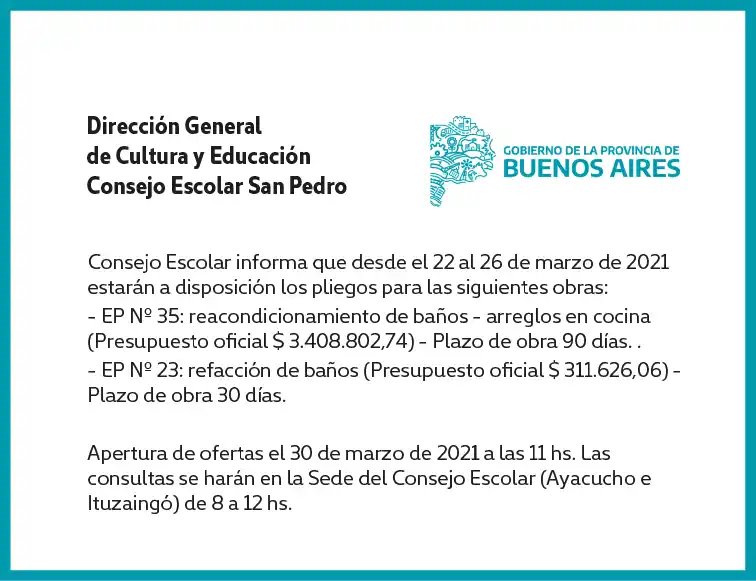 [Publicación Oficial] Informe Consejo Escolar: Pliegos para obras en EP N° 35 y EP N° 23