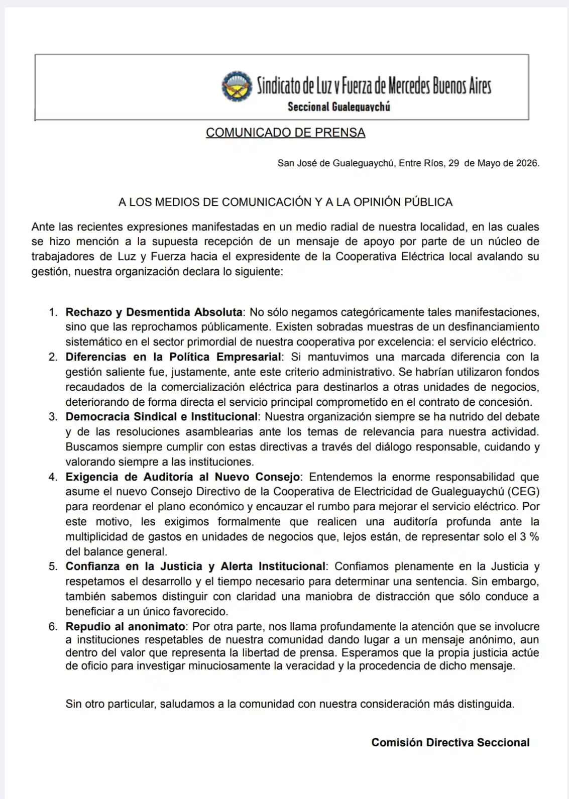 comunicado luz y fuerza